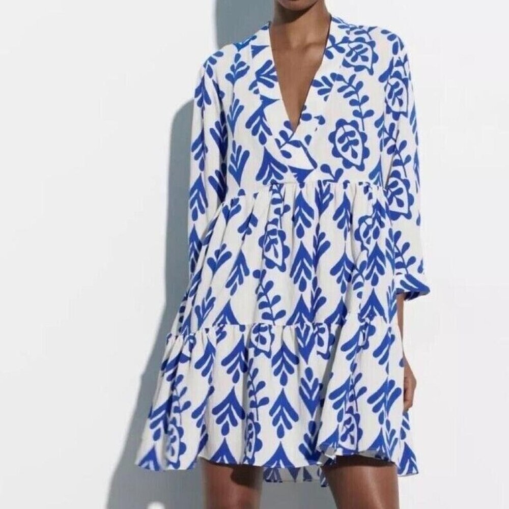 Zara Blue White Bold Print Tiered Swing Dress Sz M
